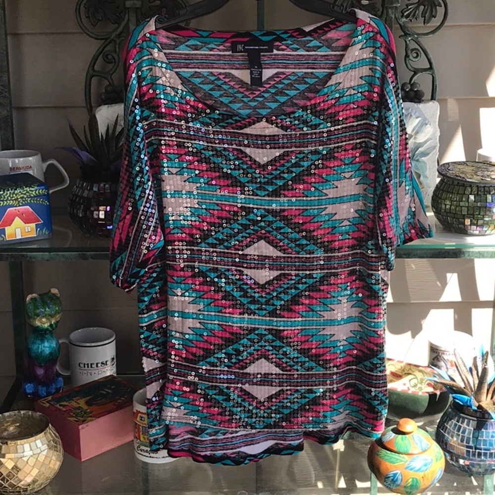 Tribal pattern top with clear sequins by INC. Sz M